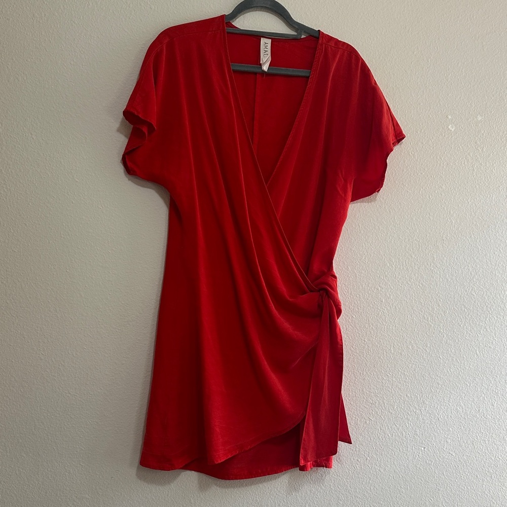 Casual cotton Red Wrap Dress